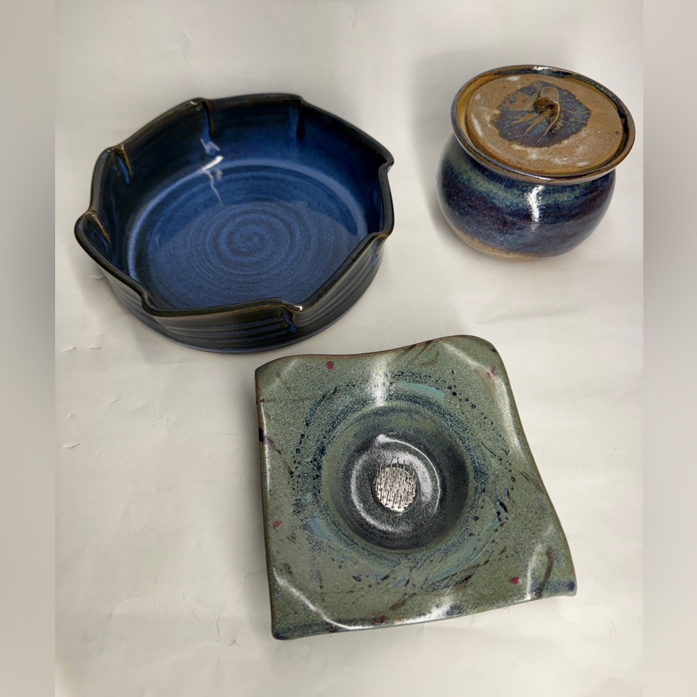 Handcrafted Clay Art Set - Blue and Green glazed Bowl floral frog & incense jar